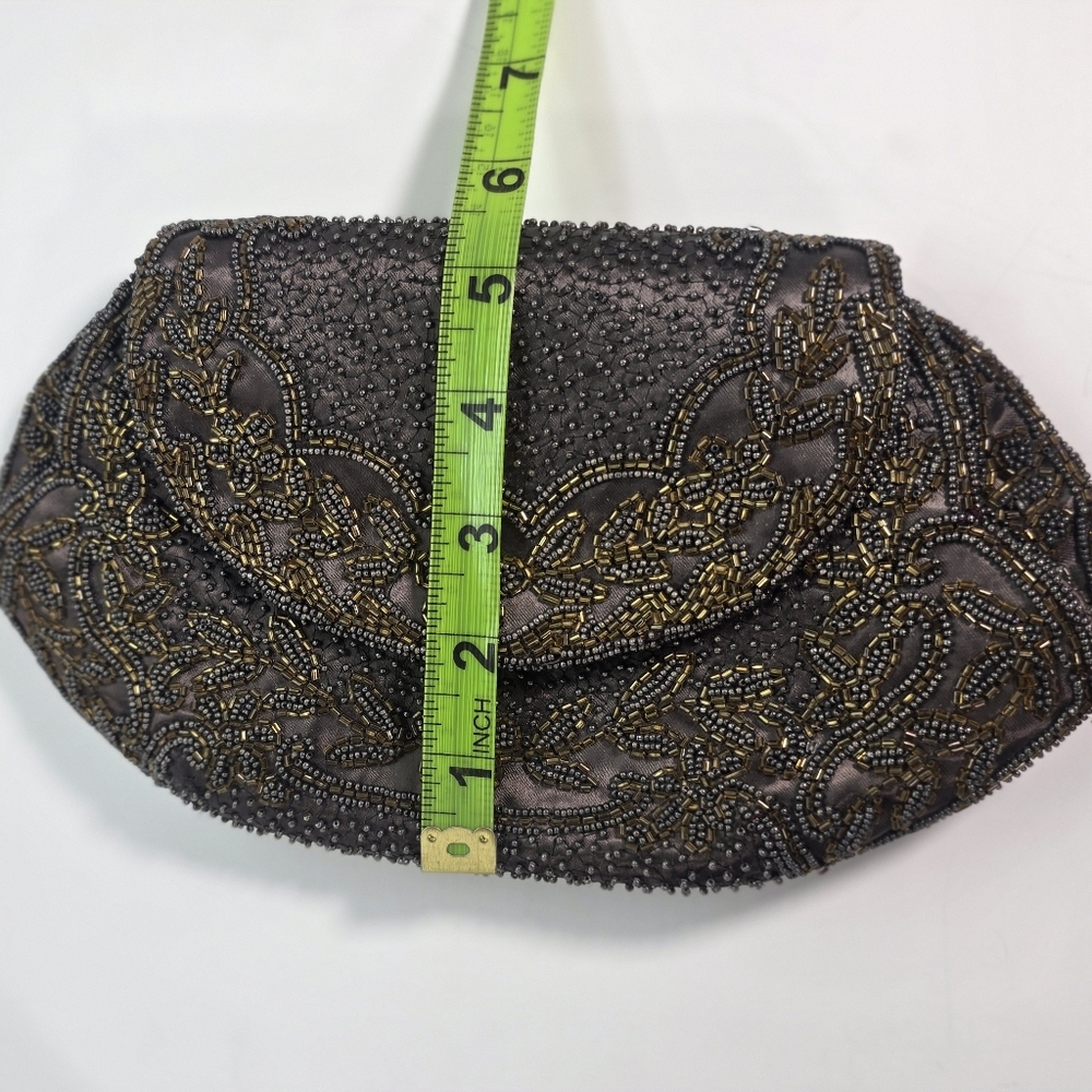 Vintage French Beaded Clutch Taupe Bronze Art Deco Evening Bag Micro Bead Floral - Picture 13 of 15